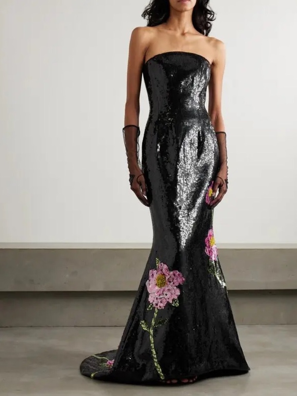 NWT Clio Peppiatt Peony Sequin Embellished Strapless Maxi Gown Formal Black Tie